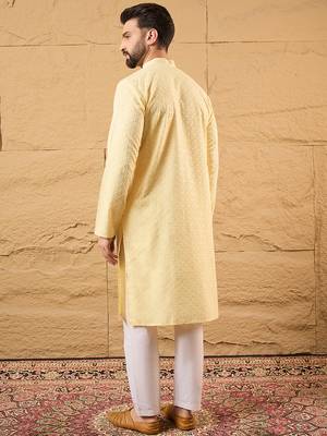 Men yellow rayon blend solid embroidered straight kurta 4