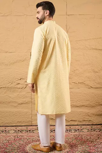 Men yellow rayon blend solid embroidered straight kurta