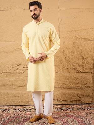 Men yellow rayon blend solid embroidered straight kurta 5