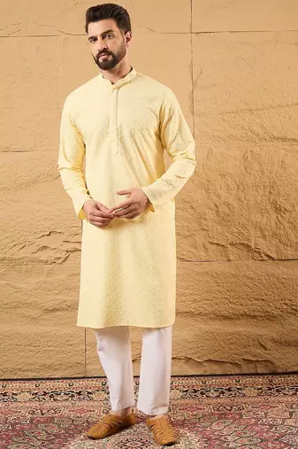 Men yellow rayon blend solid embroidered straight kurta