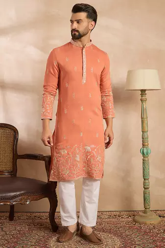 Men peach vartican solid embroidered straight kurta sets