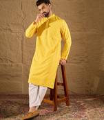 Men yellow viscose rayon solid embroidered straight kurta