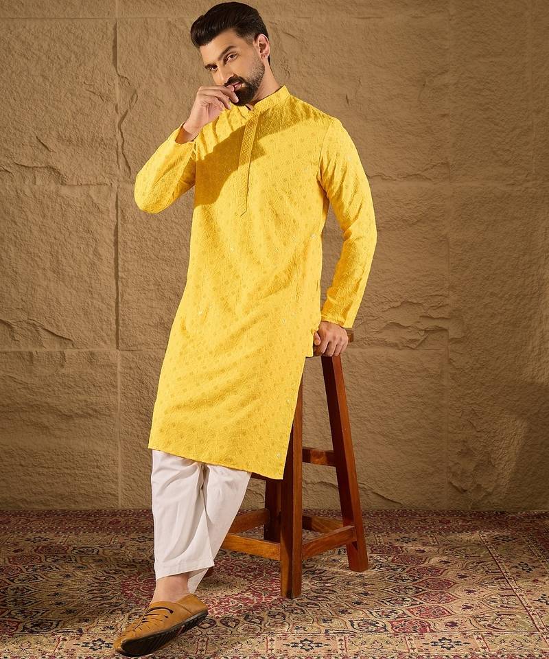 Men yellow viscose rayon solid embroidered straight kurta