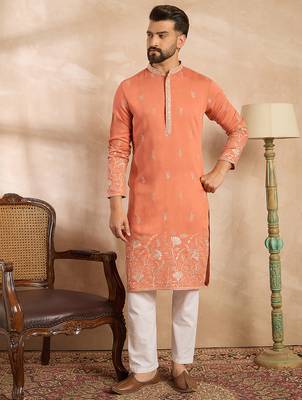 Men peach vartican solid embroidered straight kurta sets 3