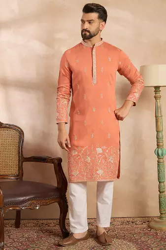 Men peach vartican solid embroidered straight kurta sets