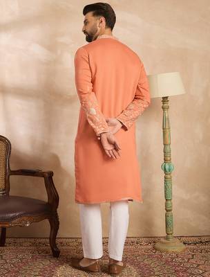 Men peach vartican solid embroidered straight kurta sets 4