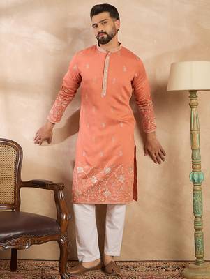 Men peach vartican solid embroidered straight kurta sets 5