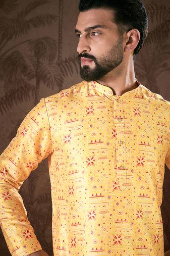 Men yellow silk blend ethnic motifs printed straight kurta with trouser
