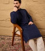 Men navy blue rayon blend solid embroidered straight kurta