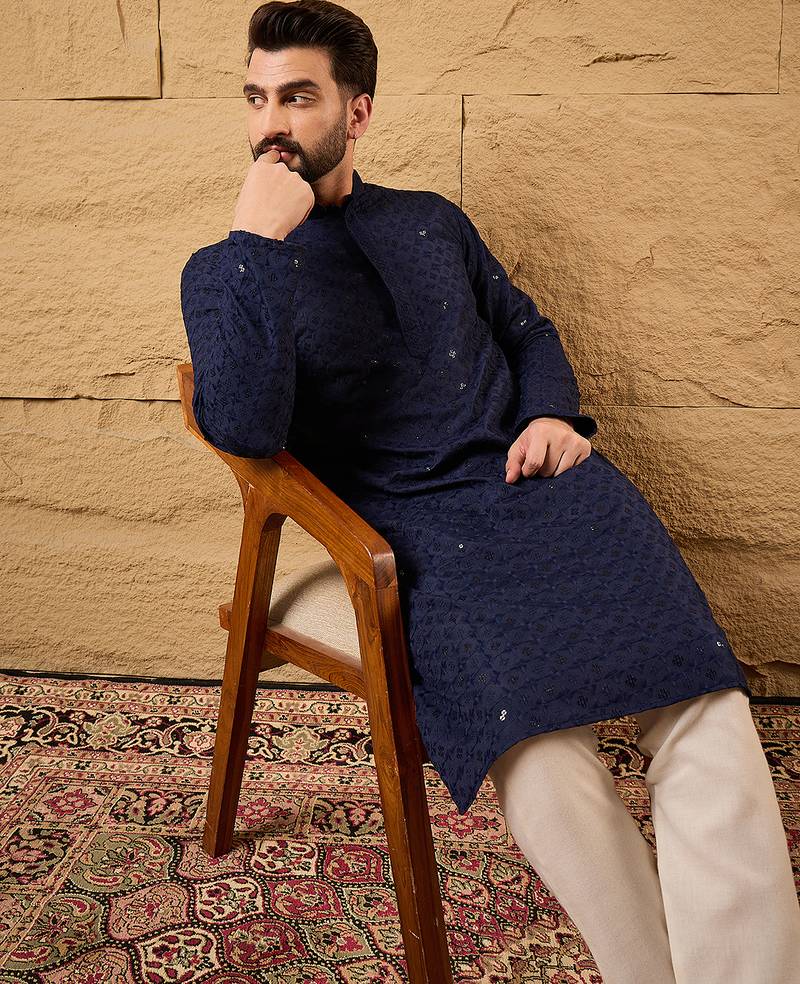 Men navy blue rayon blend solid embroidered straight kurta