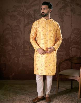Men yellow silk blend ethnic motifs printed straight kurta with trouser 2