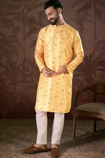 Men yellow silk blend ethnic motifs printed straight kurta with trouser