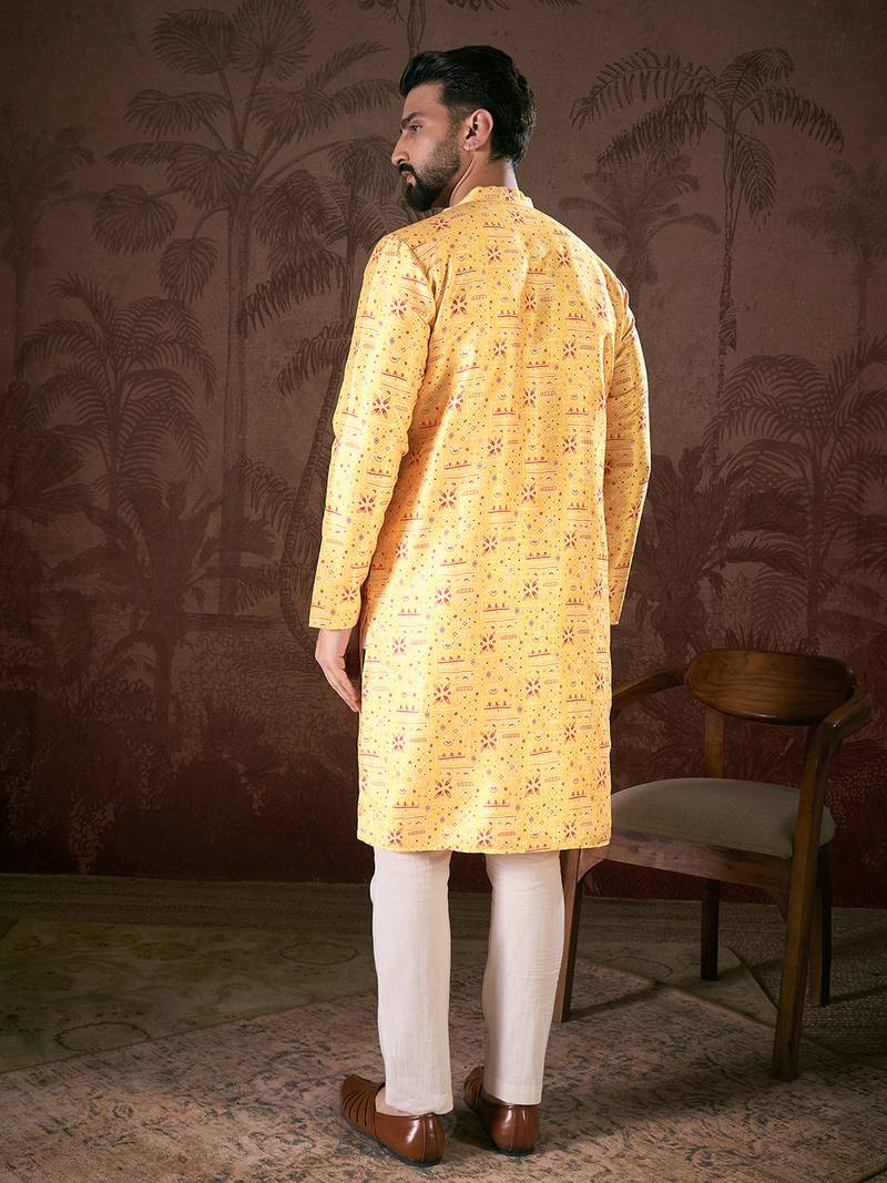 Men yellow silk blend ethnic motifs printed straight kurta with trouser