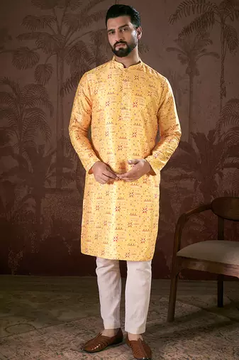 Men yellow silk blend ethnic motifs printed straight kurta with trouser
