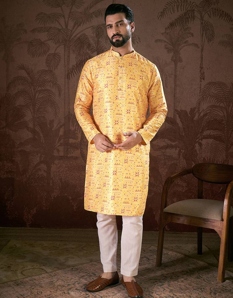 Men yellow silk blend ethnic motifs printed straight kurta with trouser