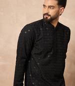 Men black viscose rayon solid embroidered straight kurta