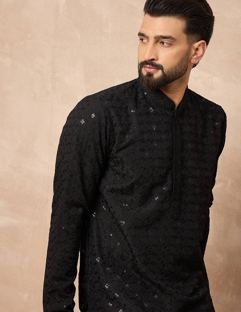 Men black viscose rayon solid embroidered straight kurta