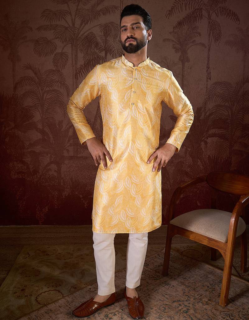 Men yellow silk blend floral printed straight kurta with trouser