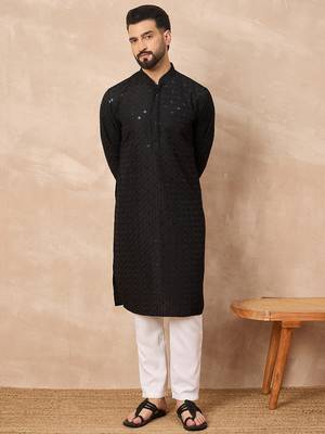 Men black viscose rayon solid embroidered straight kurta 2