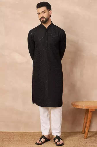 Men black viscose rayon solid embroidered straight kurta