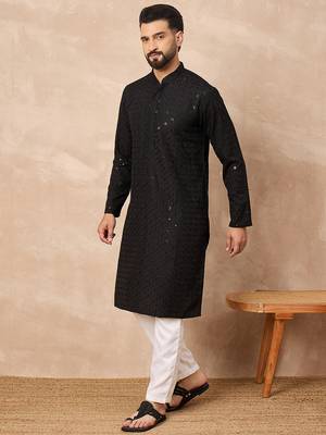 Men black viscose rayon solid embroidered straight kurta 3
