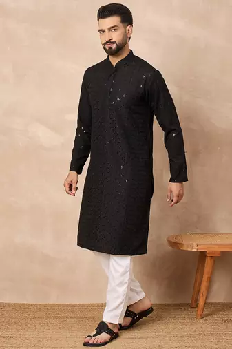 Men black viscose rayon solid embroidered straight kurta