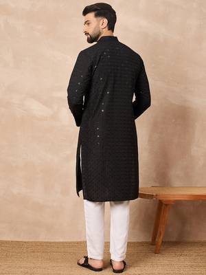 Men black viscose rayon solid embroidered straight kurta 4