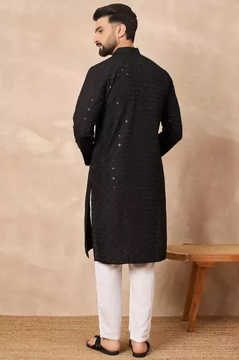 Men black viscose rayon solid embroidered straight kurta