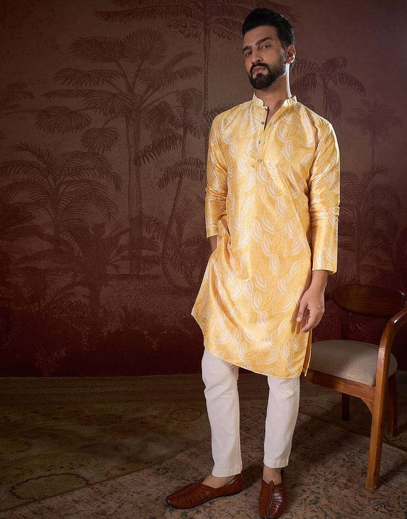 Men yellow silk blend floral printed straight kurta with trouser
