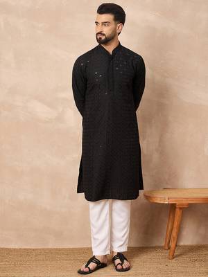 Men black viscose rayon solid embroidered straight kurta 5
