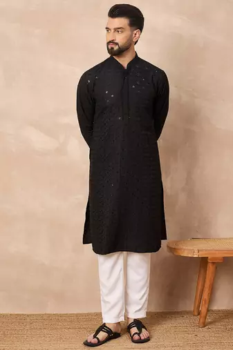 Men black viscose rayon solid embroidered straight kurta