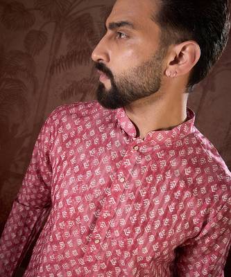 Men pink silk blend ethnic motifs printed straight kurta with trouser 1