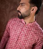 Men pink silk blend ethnic motifs printed straight kurta with trouser