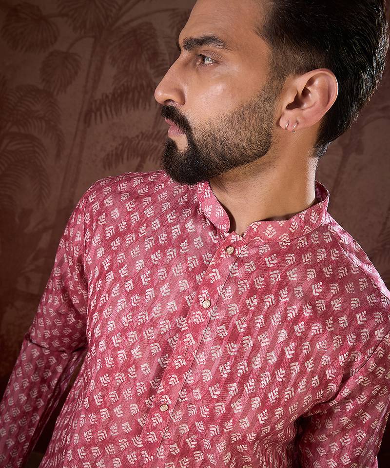 Men pink silk blend ethnic motifs printed straight kurta with trouser