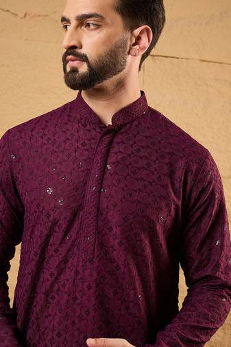 Men purple rayon blend solid embroidered straight kurta