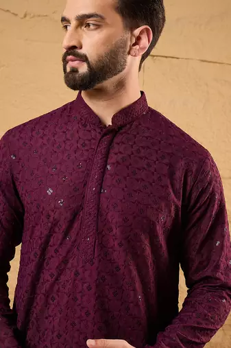 Men purple rayon blend solid embroidered straight kurta
