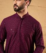 Men purple rayon blend solid embroidered straight kurta