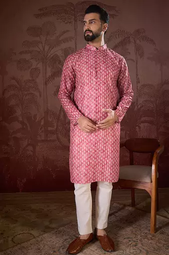 Men pink silk blend ethnic motifs printed straight kurta with trouser