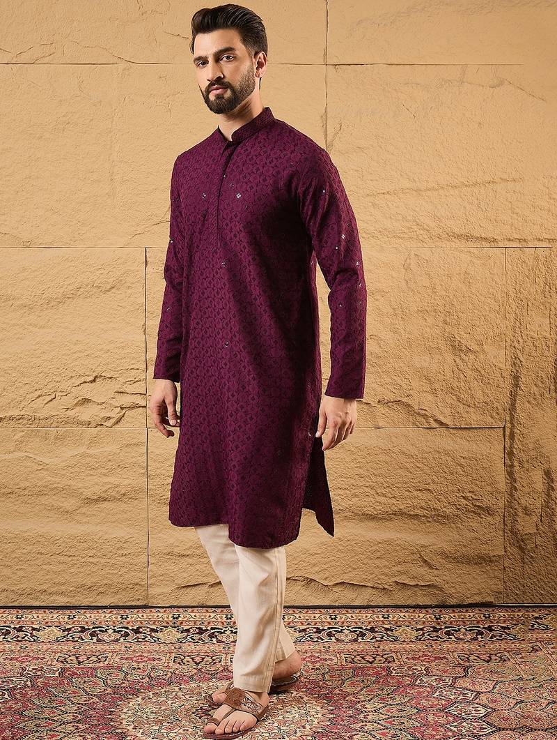 Men purple rayon blend solid embroidered straight kurta