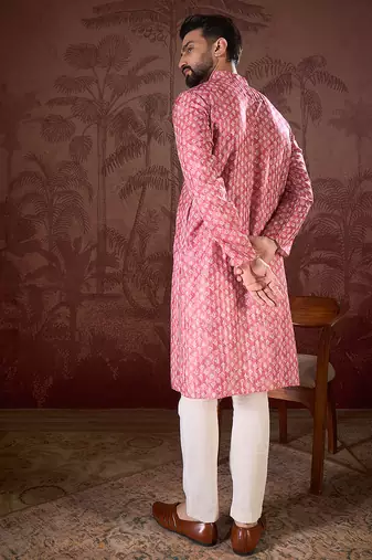 Men pink silk blend ethnic motifs printed straight kurta with trouser