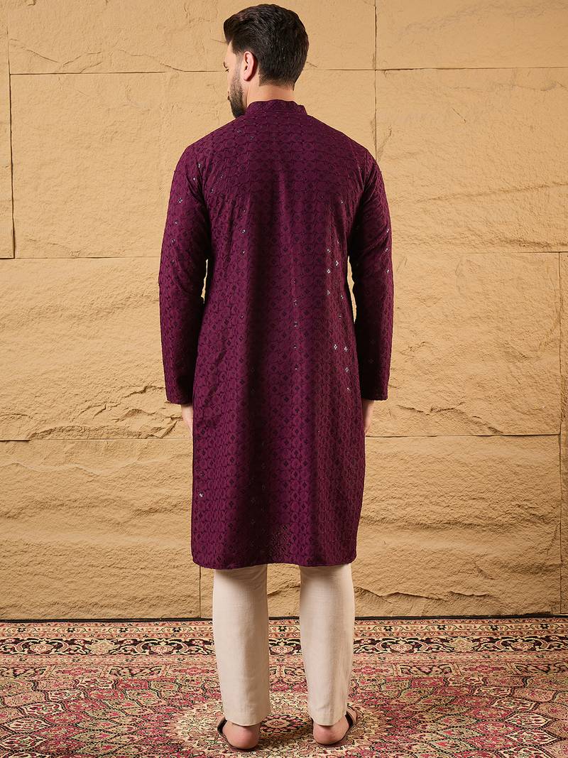 Men purple rayon blend solid embroidered straight kurta