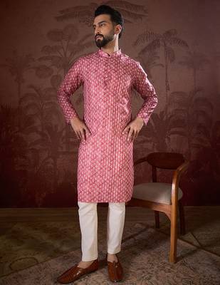 Men pink silk blend ethnic motifs printed straight kurta with trouser 5