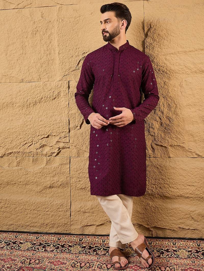 Men purple rayon blend solid embroidered straight kurta