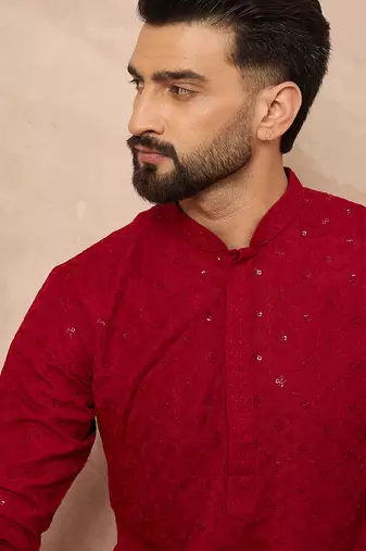 Men maroon viscose rayon solid embroidered straight kurta