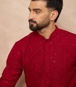 Men maroon viscose rayon solid embroidered straight kurta