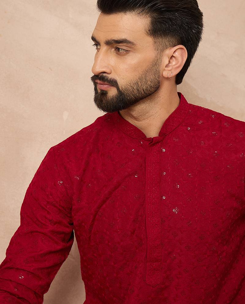 Men maroon viscose rayon solid embroidered straight kurta