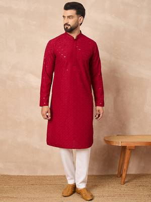 Men maroon viscose rayon solid embroidered straight kurta 2