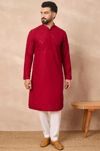 Men maroon viscose rayon solid embroidered straight kurta