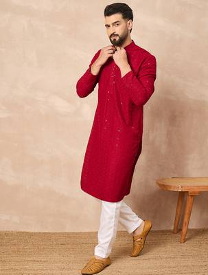 Men maroon viscose rayon solid embroidered straight kurta 3