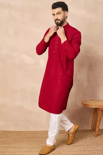 Men maroon viscose rayon solid embroidered straight kurta